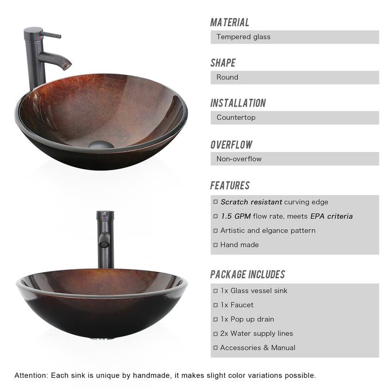 Eclife 16.5" Bathroom Vessel Sink Tempered Glass Round Basin Countertop